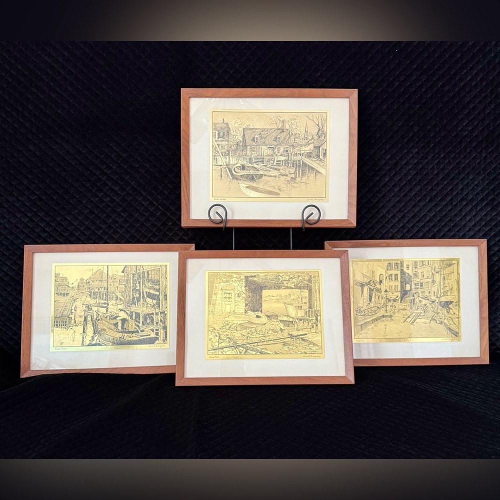 Set of 4 Vintage Framed Gold Foil Etching Art Prints by Lionel Barrymore 9" x 7"